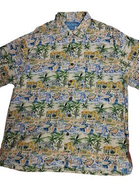 Bermuda Bay Shirt  100% SILK  sz M  Palm Tropical Print  Button Front  Beach EXC